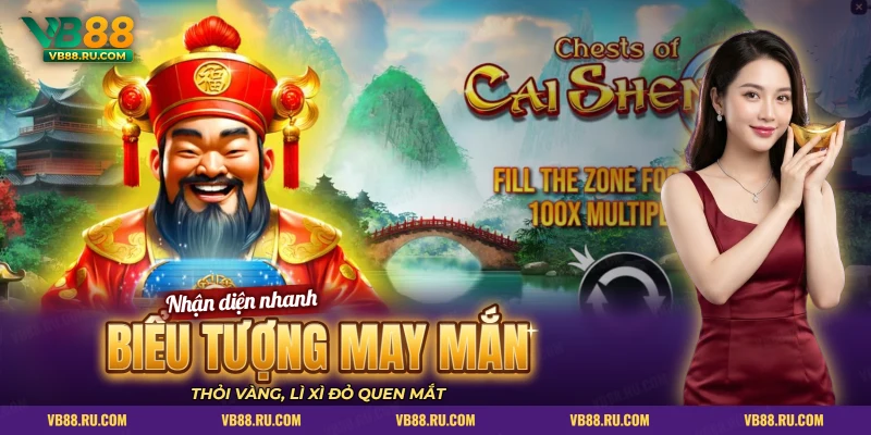 Thần Tài mũ đỏ bên màn slot Chests of Cai Shen, biểu tượng hay gặp