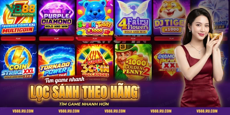 Lưới ô game slot của nhiều hãng cạnh nhau để lọc sảnh nổ hũ theo hãng