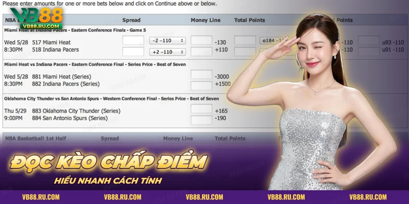 Trang đặt cược NBA với cột chấp điểm, money line, tổng điểm và ô nhập tiền