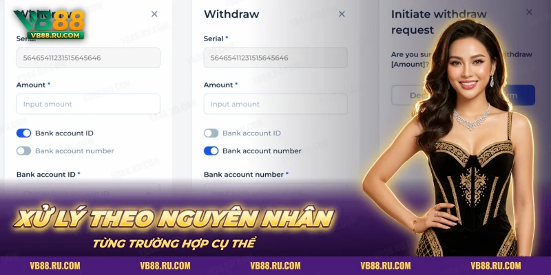 Màn hình yêu cầu rút tiền với ô nhập khoản rút và tài khoản ngân hàng