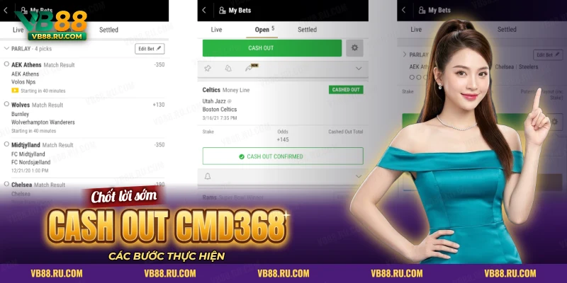 Danh sách phiếu cược có nút Cash Out và thông báo xác nhận đã cash out