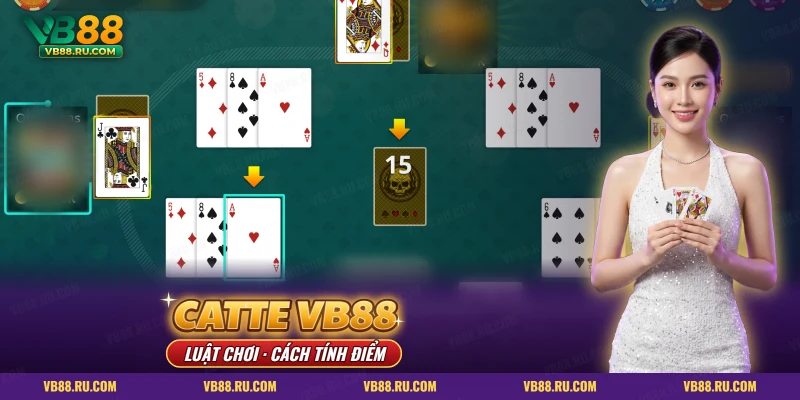 Catte VB88 trên bàn xanh với các tay bài và lá úp ở giữa