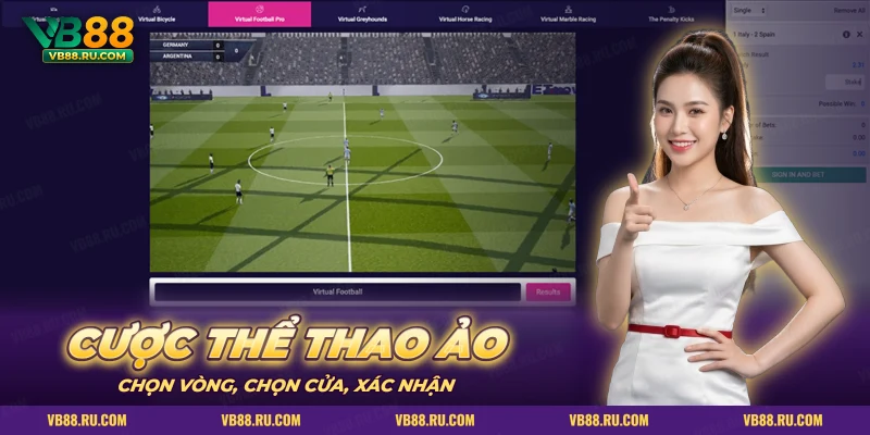 Trận bóng đá ảo đang chạy với thanh chọn môn và phiếu cược bên cạnh
