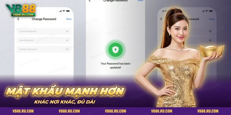 Ba màn hình đổi mật khẩu với thông báo mật khẩu đã được cập nhật