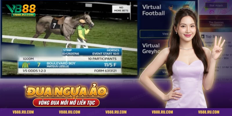 Màn đua ngựa ảo có khung video vòng đua và thông tin ngựa, nài ngựa