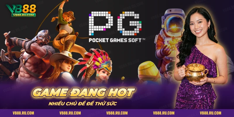 Biểu trưng PG Pocket Games Soft cùng các nhân vật game slot nổi bật