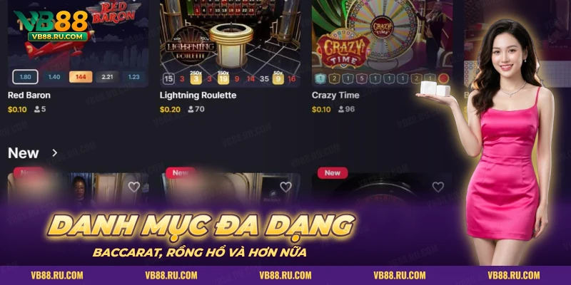 Danh sách game live casino gồm Red Baron, Lightning Roulette và Crazy Time