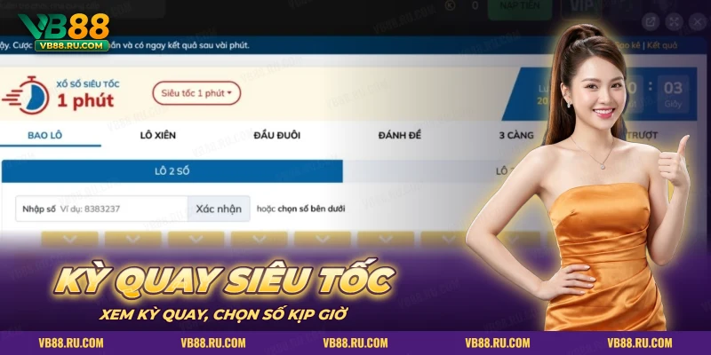 Giao diện xổ số siêu tốc có đồng hồ kỳ quay và các tab cược