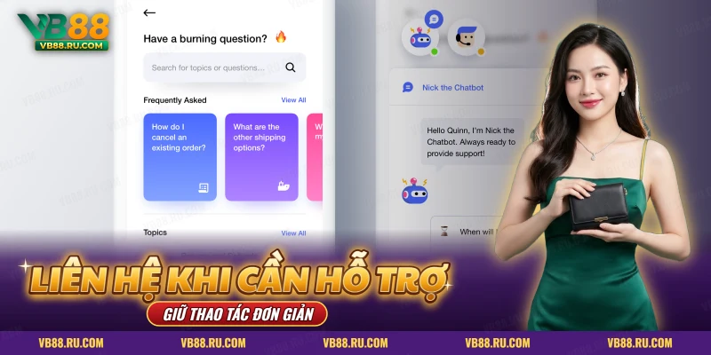 Màn hình hỗ trợ trên điện thoại với câu hỏi thường gặp và khung chat