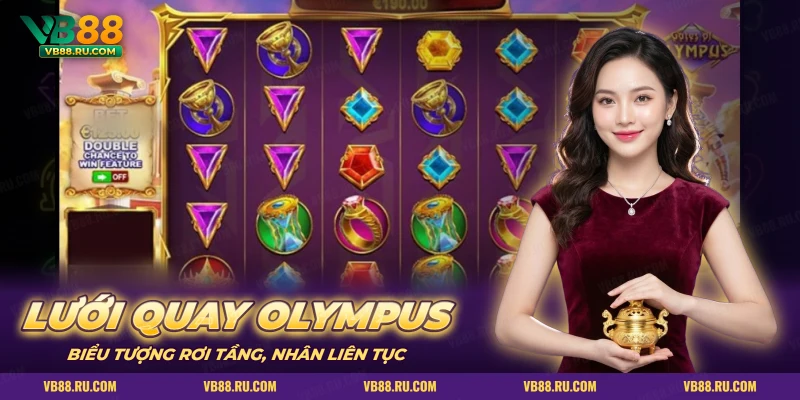 Lưới slot Gates of Olympus với đá quý tím, xanh dương, đỏ và cốc vàng