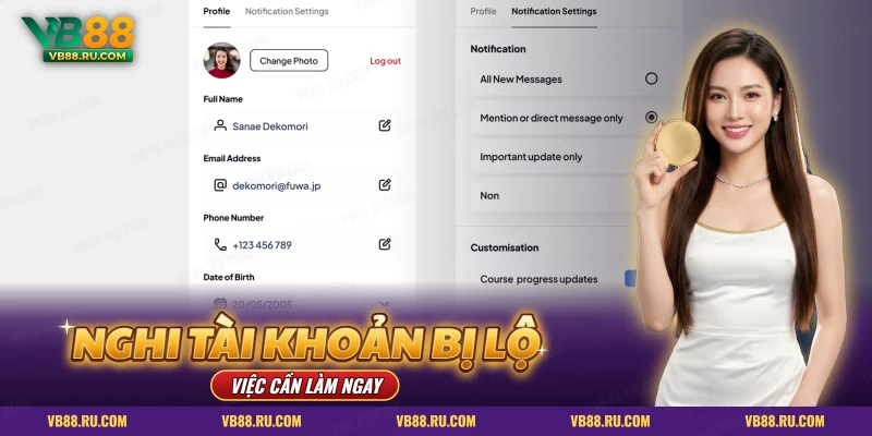Màn hình hồ sơ cá nhân với email, số điện thoại và cài đặt thông báo
