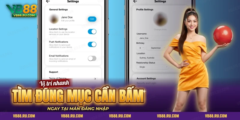Màn hình cài đặt tài khoản trên điện thoại với các mục cần bấm