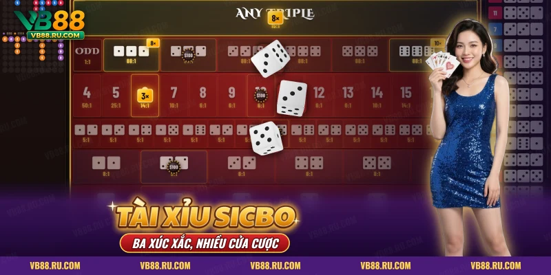 Tài xỉu Sicbo VB88 – bàn cược ba xúc xắc nền đỏ với các ô tổng điểm