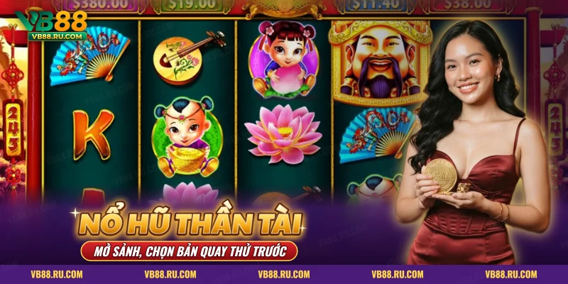 Nổ hũ Thần Tài VB88 với cuộn slot có Thần Tài, quạt và hoa sen