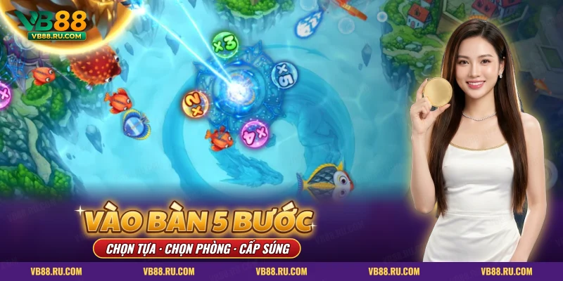 Tia đạn xanh và quả cầu nhân hệ số trên màn bắn cá, bước vào bàn
