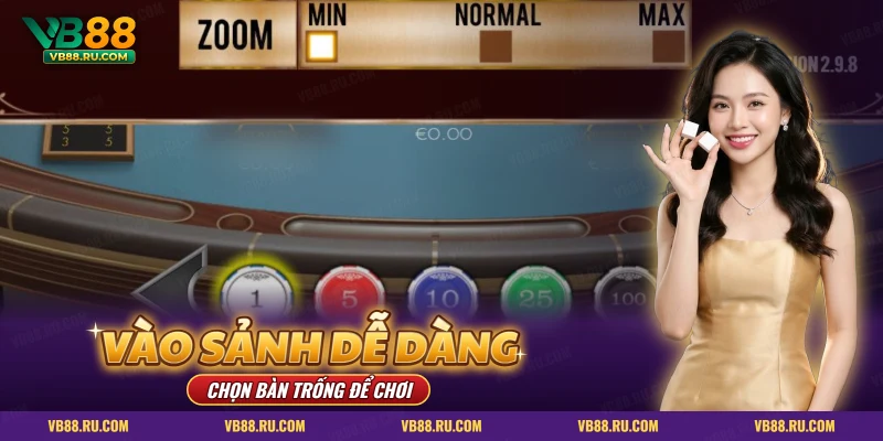 Giao diện bàn live với các chip mức cược và nút thu phóng