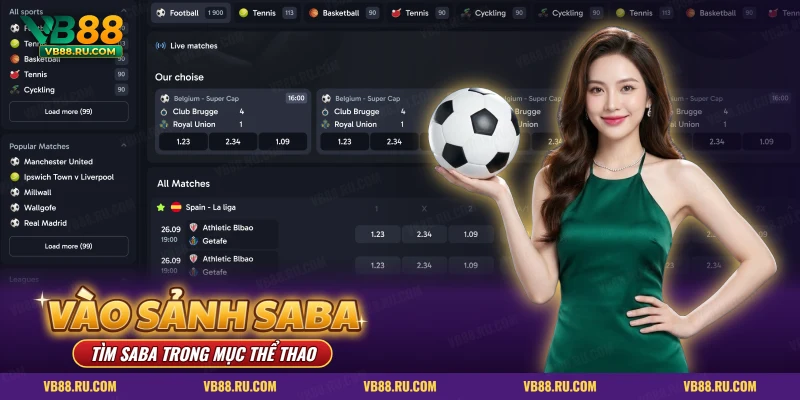 Danh mục môn thể thao và danh sách trận bóng đá khi tìm sảnh Saba