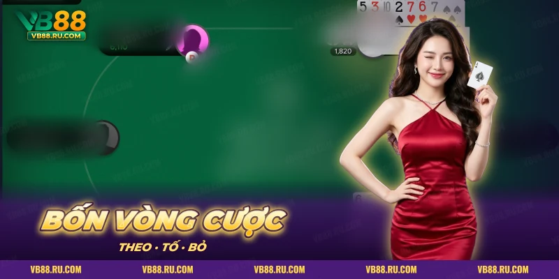Bàn bài xanh với lá bài ngửa, các vòng cược theo, tố, bỏ trong xì tố